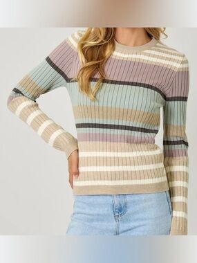 Mystree color block Ribbed Crewneck Sweater